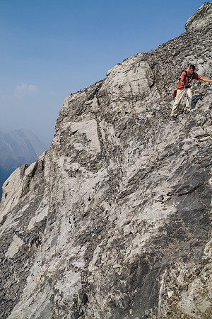 Jon bravely tackles the steep, loose and exposed alternate descent to the west shoulder of Northover.