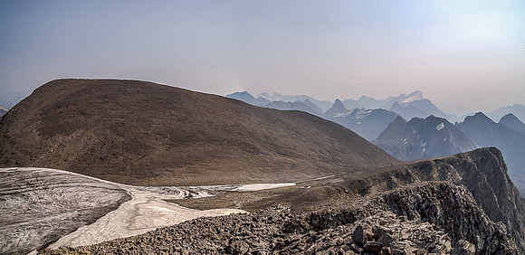 Summit view towards Worthington (our next peak) with Northover Ridge and the Joffre area peaks in the far distance.