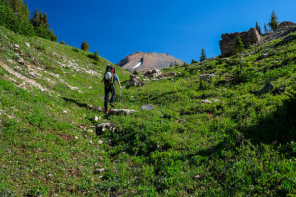 Leaving the creek, hiking up to Quartzite col.