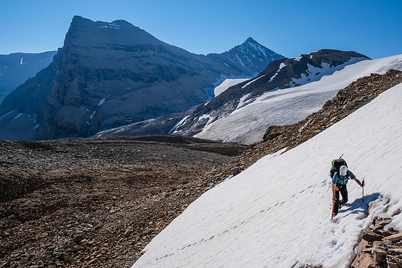 Ascending some steep snow in the upper valley.