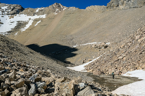 Backpacking into the bowl between Kentigern and Clearwater. The col above Phil here.