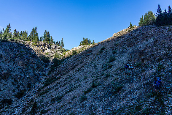 Descending steep banks out of the hanging valley and into the lower valley which will take us to Mosquito Creek.