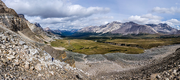 Finally near the bottom of the slopes from col looking across the Siffleur River Valley. Willingdon, Crown and Tower on the far right.