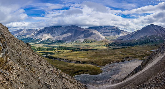 First views over Quartzite Col. Devon Mountain at right with Willingdon, Devon Lakes and Clearwater.