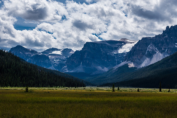 Looking back over the bog and the flats to Observation, Marmot and Silverhorn peaks.