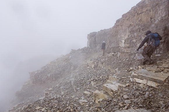 Scrambling down the chossy ridge.