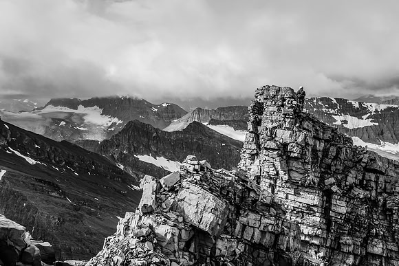 Eric and Ben set up the rap on the southeast side in this view looking back from just under the summit.