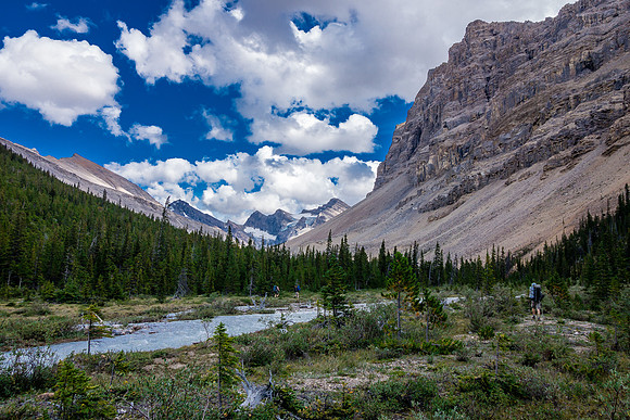 Finally past the cliffs and in the upper forested valley. Note Eric and Steven on the other side of Recondite Creek.