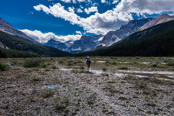 Looking back at Ben slogging across the flats to Isabella Lake.