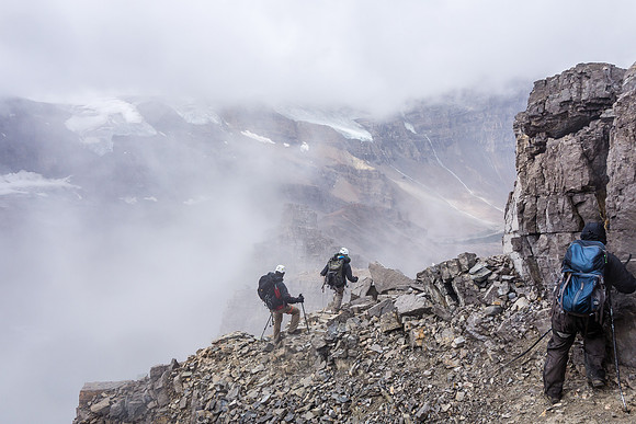 Scrambling down the chossy ridge.