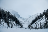 Looking ahead to the gloomy moraine from the back of Peyto Lake.