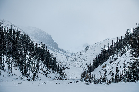 Looking ahead to the gloomy moraine from the back of Peyto Lake.