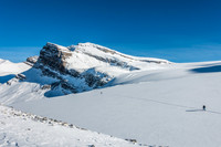 Skiing back down the Peyto Glacier in lengthening shadows.