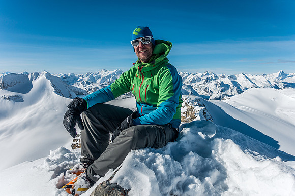 Vern is happy to sit on one of his last remaining Wapta peaks. And what a glorious day to be up here.