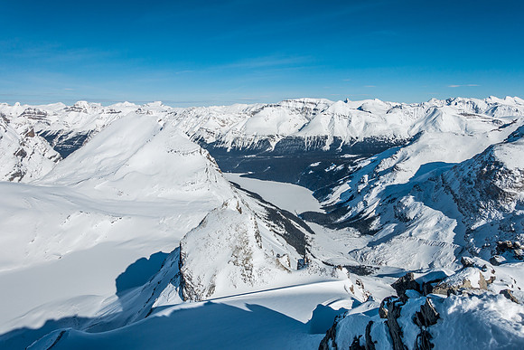 Looking at our egress (Peyto Lake) with Caldron Peak on the left.