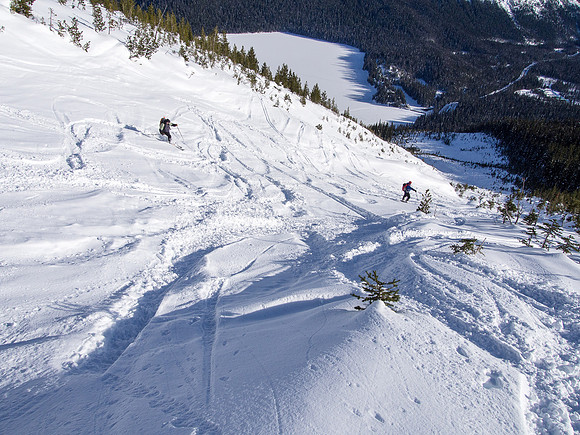 Skiing down the Emerald Slide Path.