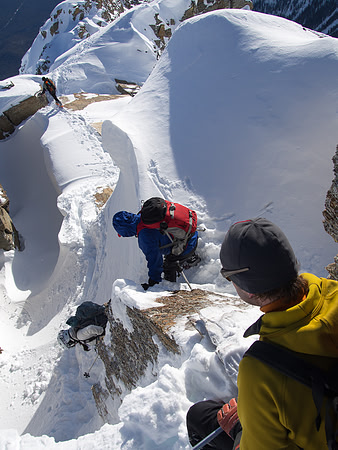 Negotiating the crux on the ridge.