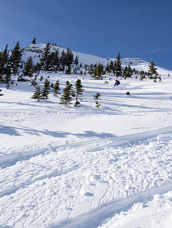 Skiing down the Emerald Slide Path.