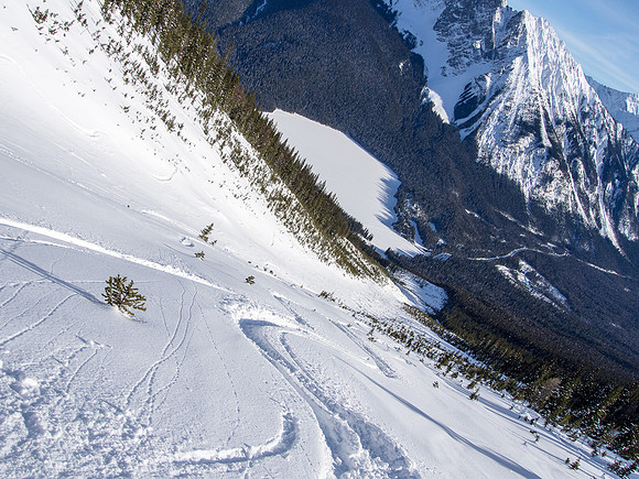 Skiing down the Emerald Slide Path.