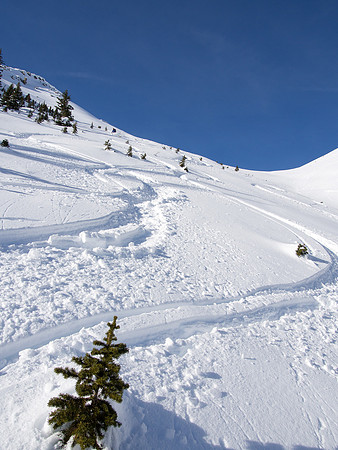 Skiing down the Emerald Slide Path.