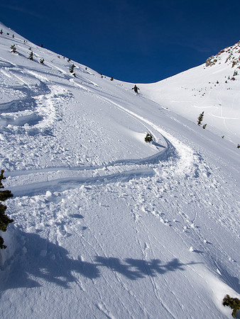 Skiing down the Emerald Slide Path.