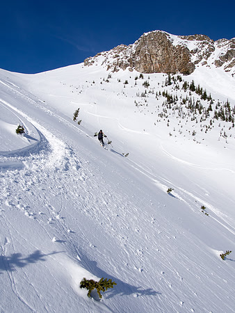 Skiing down the Emerald Slide Path.