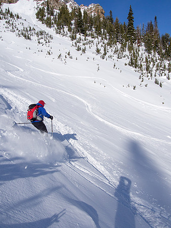 Skiing down the Emerald Slide Path.