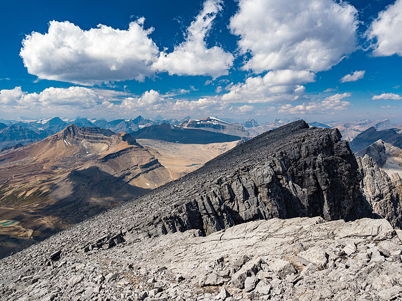 Traversing back to the ascent gullies.