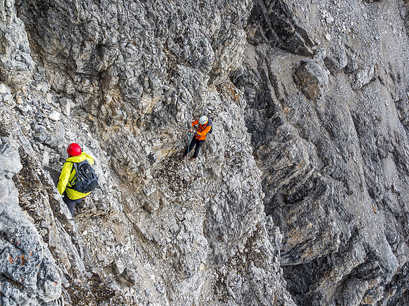 Things start getting a bit dicey as we exit the gully on climber's left and start negotiating up and around a steep, icy section of it on pretty loose and exposed terrain.