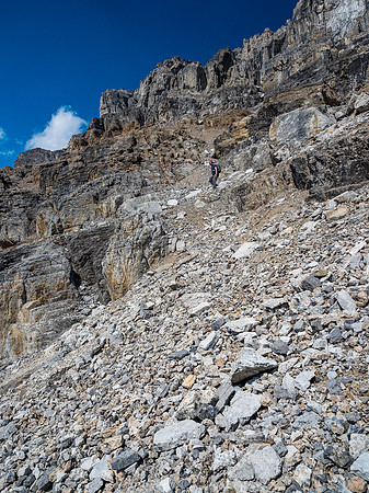 Coming down much easier terrain now - almost at the scree / boulder slope to the pass.