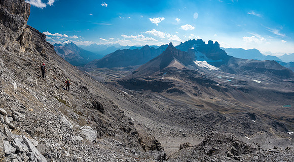 We're now traversing back to our left to find an easier escape from the west face towards the pass.