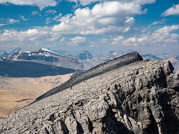 Traversing back to the ascent gullies.