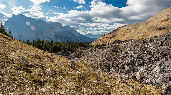 Looking back down our approach valley with Noseeum at left.