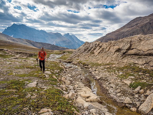 Phil joins me at the stream that runs the length of the meadows from just below the pass down to Mosquito Creek.