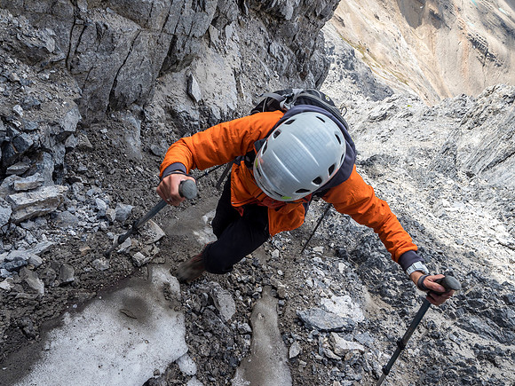Here we're encountering some snow and ice high in our first gully.