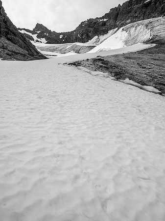 This small glacier is receding quickly but so far it provides easy, fun access to Watermelon's upper ridge.