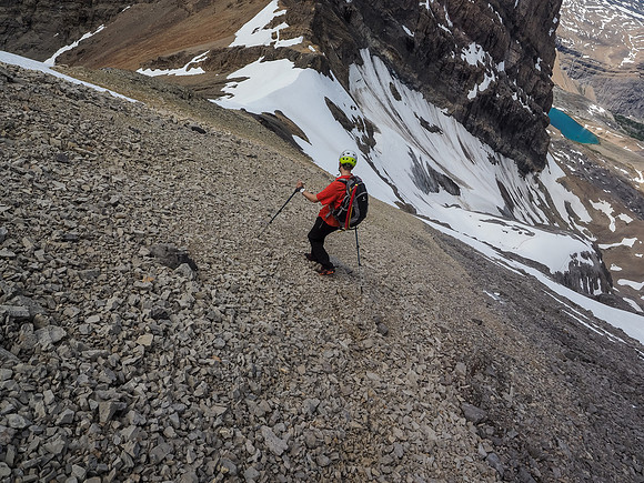 Down easy scree towards the even-better snow.