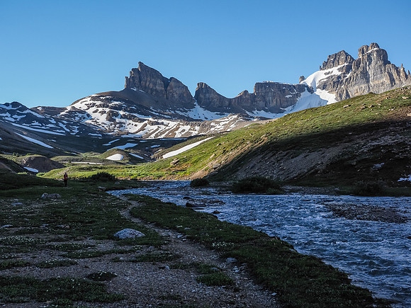 Done with losing height along Dolomite Creek, looking back at Phil with Dolomite in the distance.