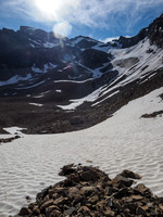 Looking up our next few hours on Watermelon Peak. We're really hoping our decision to use light footwear won't bite us on the glacier and snow ahead.