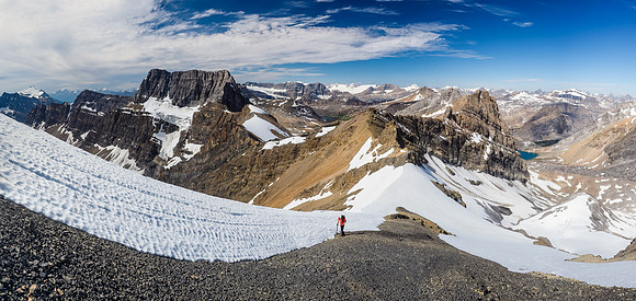 Mind-altering views as we gain the ridge. This is looking back to the west with Hector at far left and Lake Alice at lower right.