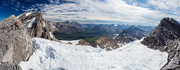 Getting onto the exciting ridge before the summit of Watermelon (L), looking out over Quartzite Col towards the Devon Lakes group at center left.