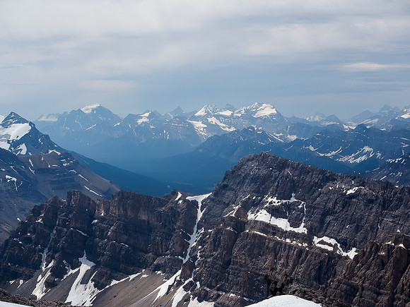 Looking towards Lake Louise with Mount Temple, Lefroy, Hungabee and Victoria visible through the atmospheric haze and the smoke from BC forest fires.