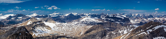 Tele-pano to the west covers many different icefields including (L to R), Wapta, Mummery, Freshfields, Lyells and even the Columbia Icefield at far right.