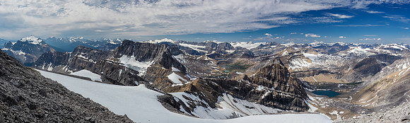 From L to R, familiar peaks looking south and west include Andromache, Hector, Balfour, Crowfoot, Gordon, Collie, Portal, Thompson, Cirque, Baker, Mummery and many others.