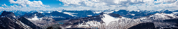 Views west include peaks from different areas of the Rockies including, Temple, Lefroy, Hungabee, Victoria, Cathedral, Goodsirs, Daly, Stephen, Vaux, Balfour