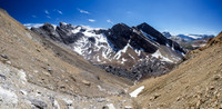 In an adjacent gully now, headed for the plateau and looking down at the boulder field, Phil and Watermelon Peak.