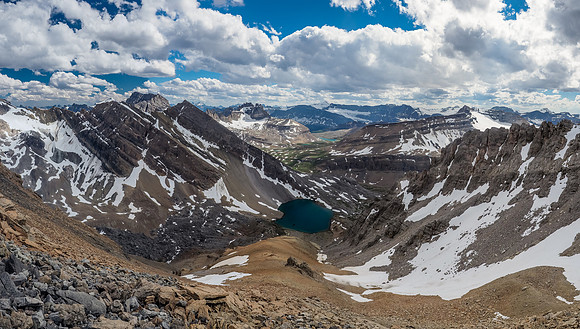 We came up the left gully and decided to descend the tempting snow patches in the right one. Thankfully this worked.