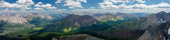 The old Cascade fire road trail runs up from the Red Deer River at left to Snow Creek Summit at R.