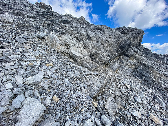 Steep rubble on the east slopes of Greater Prow.