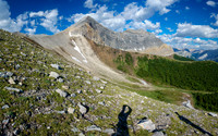 Hiking east approach slopes to Greater Prow and Prow (R).